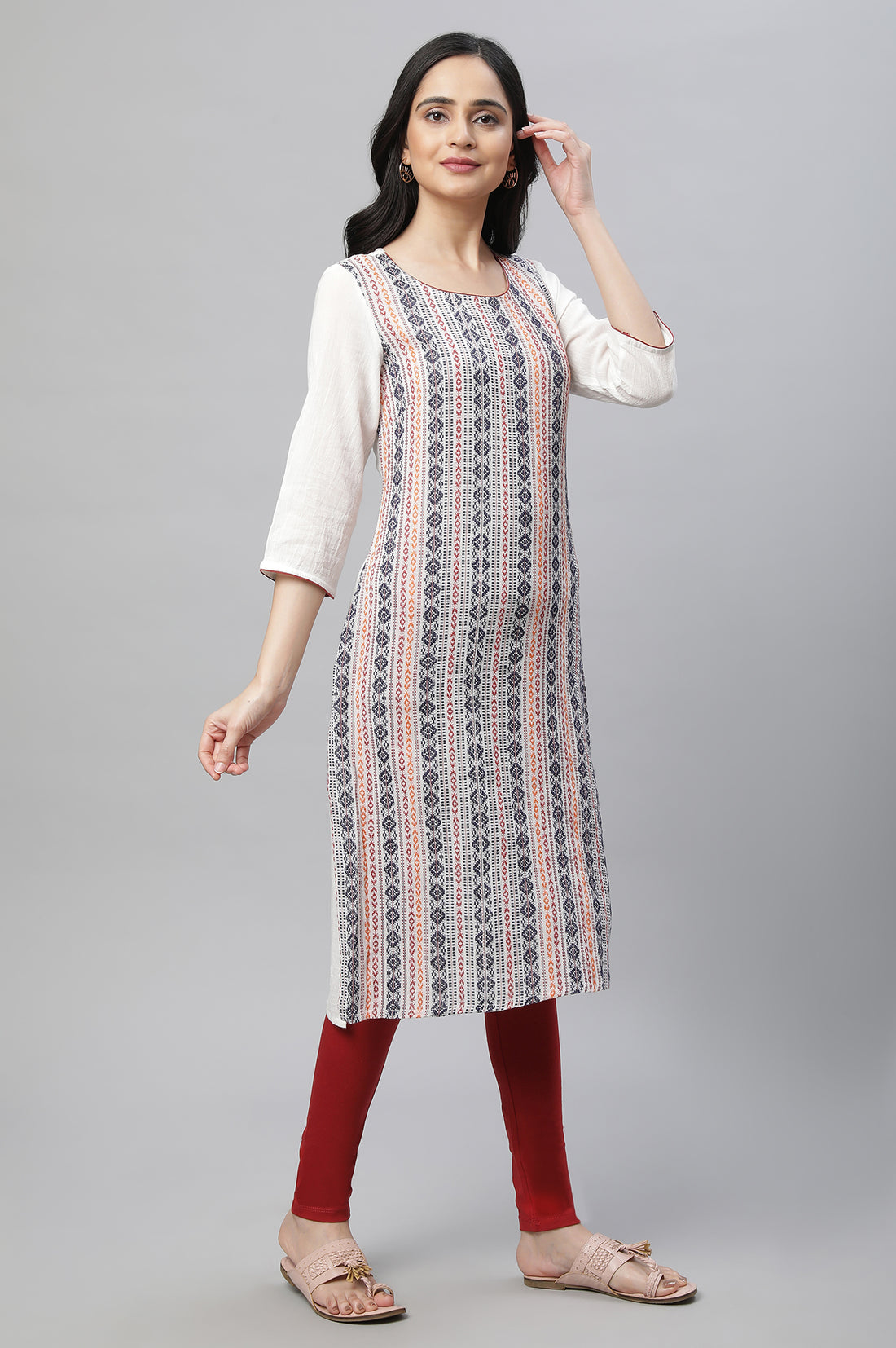 White Printed Kurta, Tights &amp; Dup