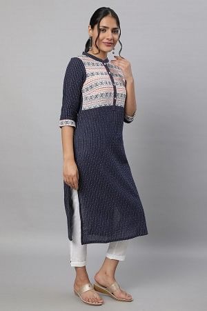 Blue Printed Cotton kurta &amp; Trousers Set