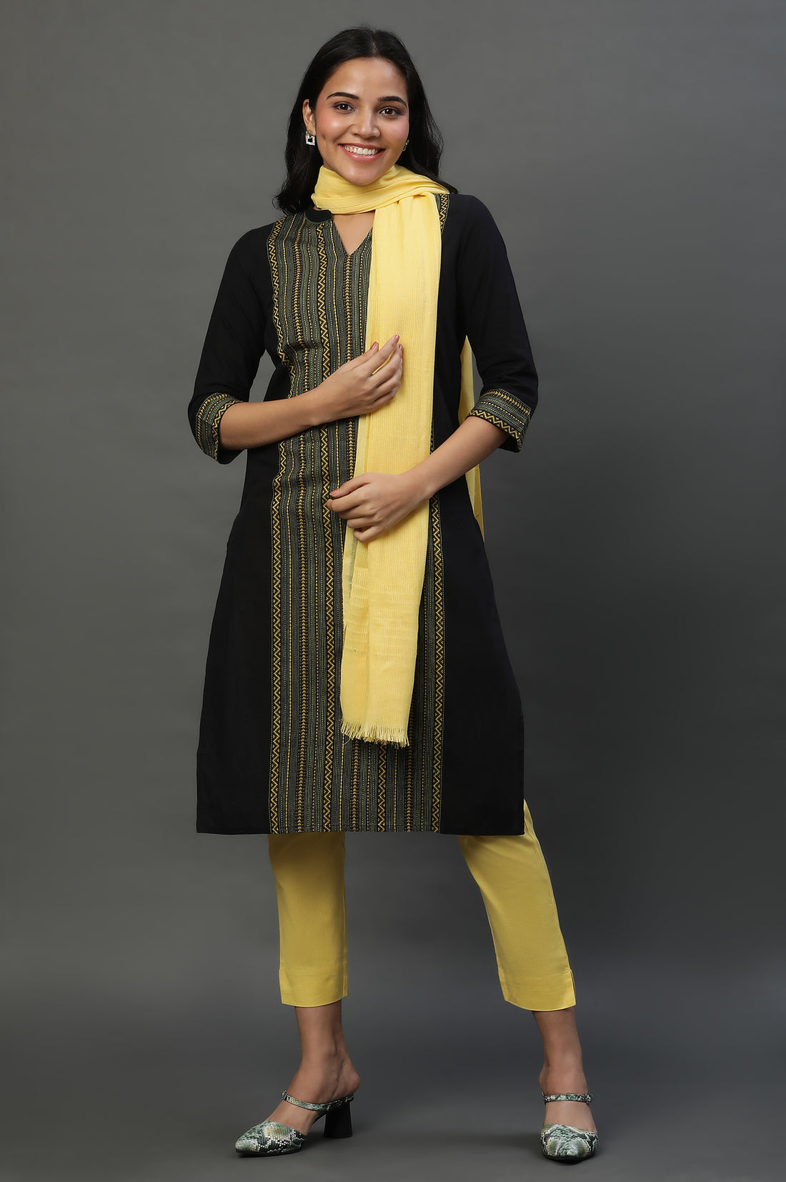 Black Printed Kurta, Trouser and Dupatta Set