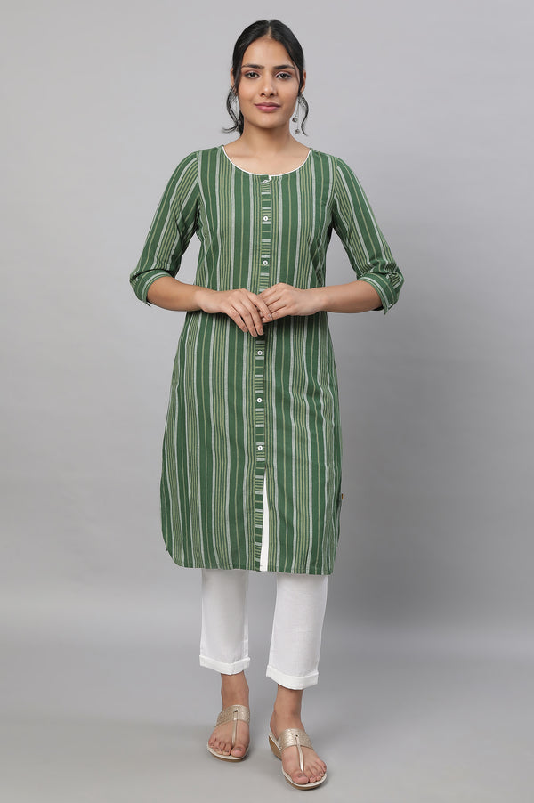 Green Stripe Print Cotton kurta & Trousers Set