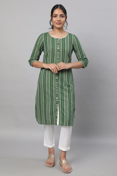Green Stripe Print Cotton kurta & Trousers Set