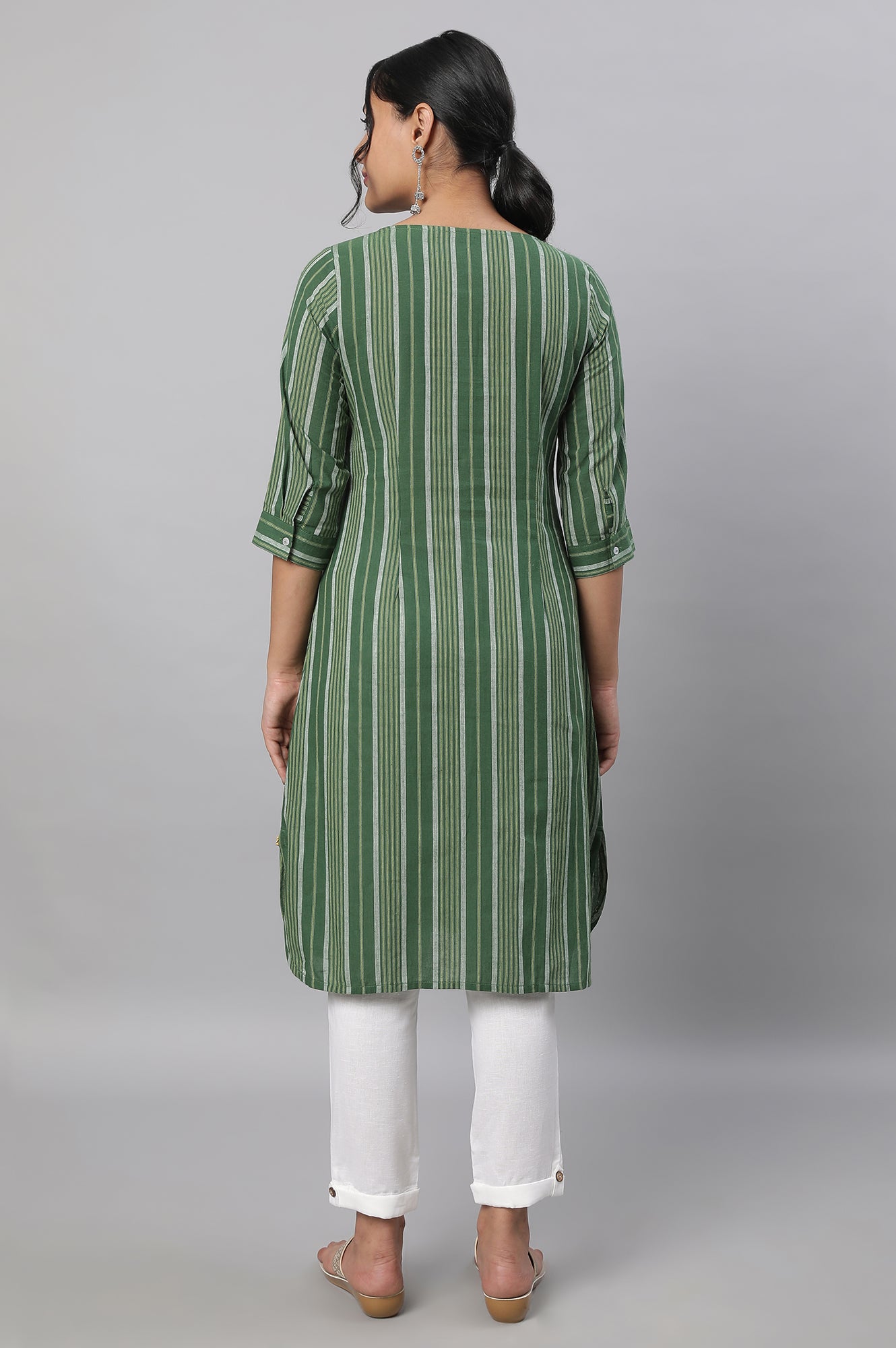 Green Stripe Print Cotton kurta &amp; Trousers Set