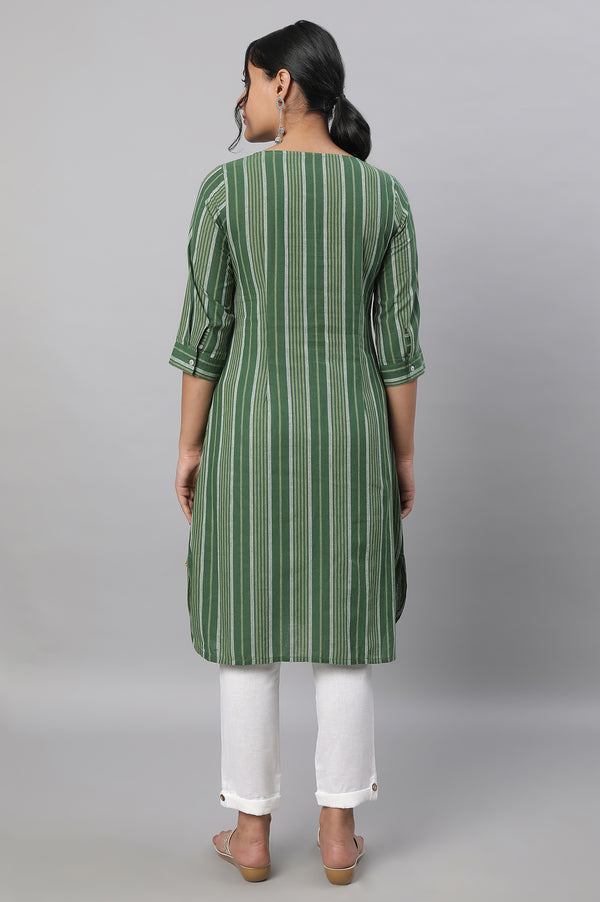 Green Stripe Print Cotton kurta & Trousers Set