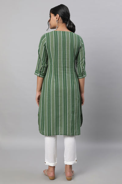 Green Stripe Print Cotton kurta & Trousers Set