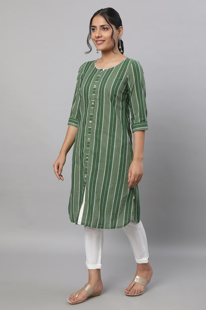 Green Stripe Print Cotton kurta &amp; Trousers Set