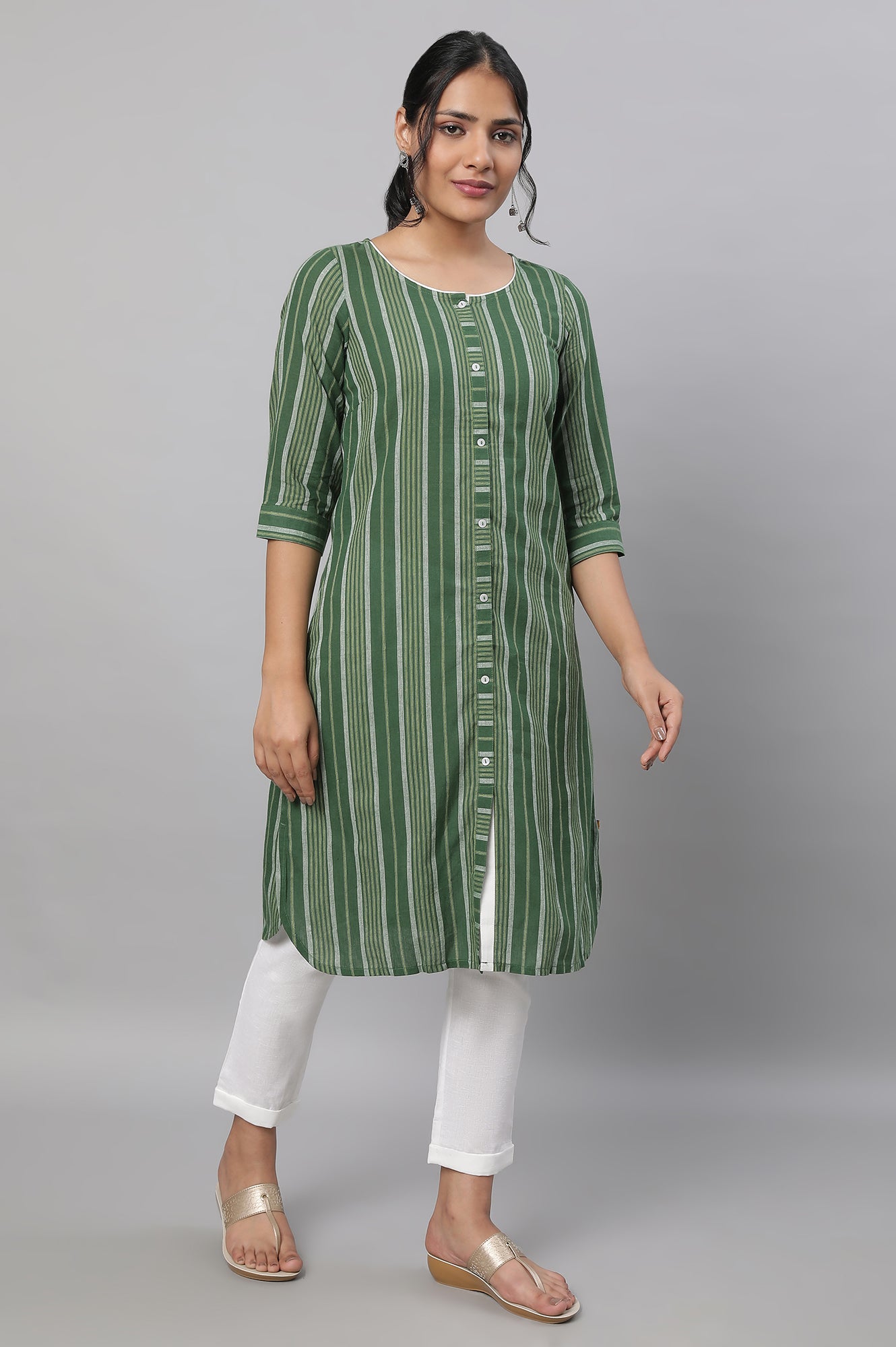 Green Stripe Print Cotton kurta &amp; Trousers Set