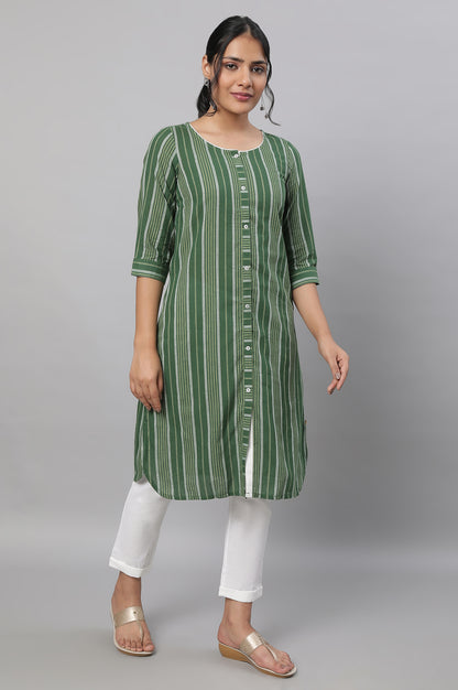 Green Stripe Print Cotton kurta &amp; Trousers Set