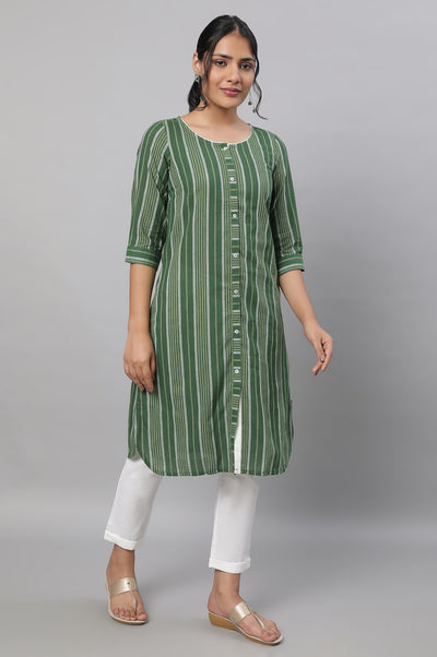 Green Stripe Print Cotton kurta & Trousers Set