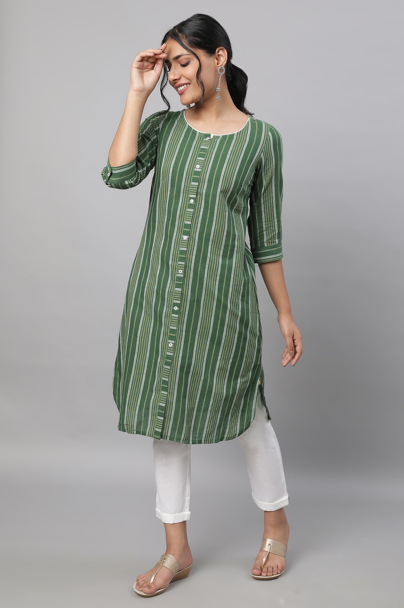 Green Stripe Print Cotton kurta &amp; Trousers Set