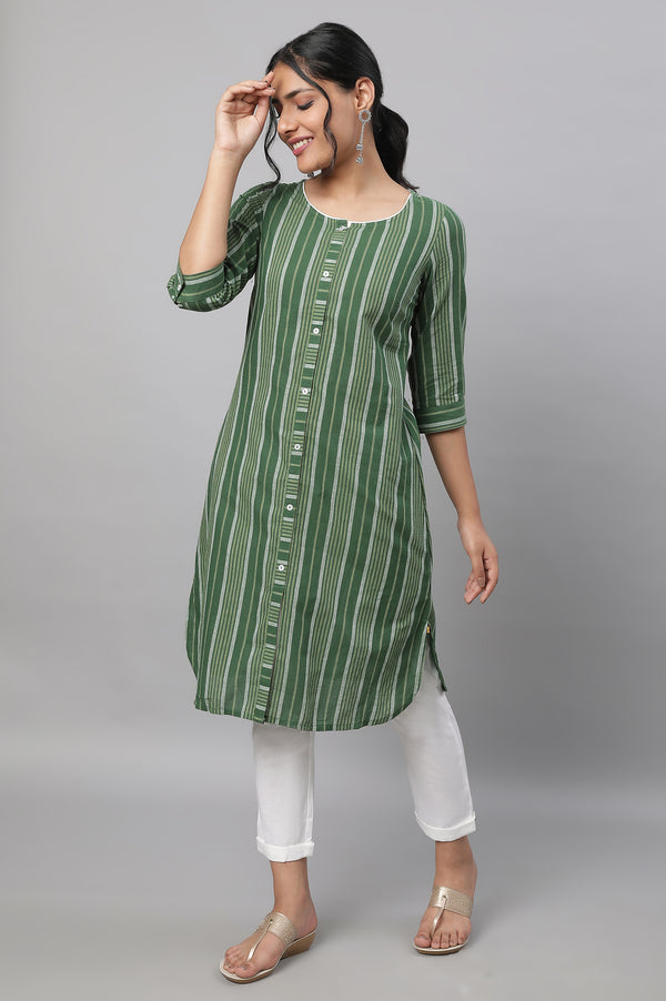 Green Stripe Print Cotton kurta & Trousers Set