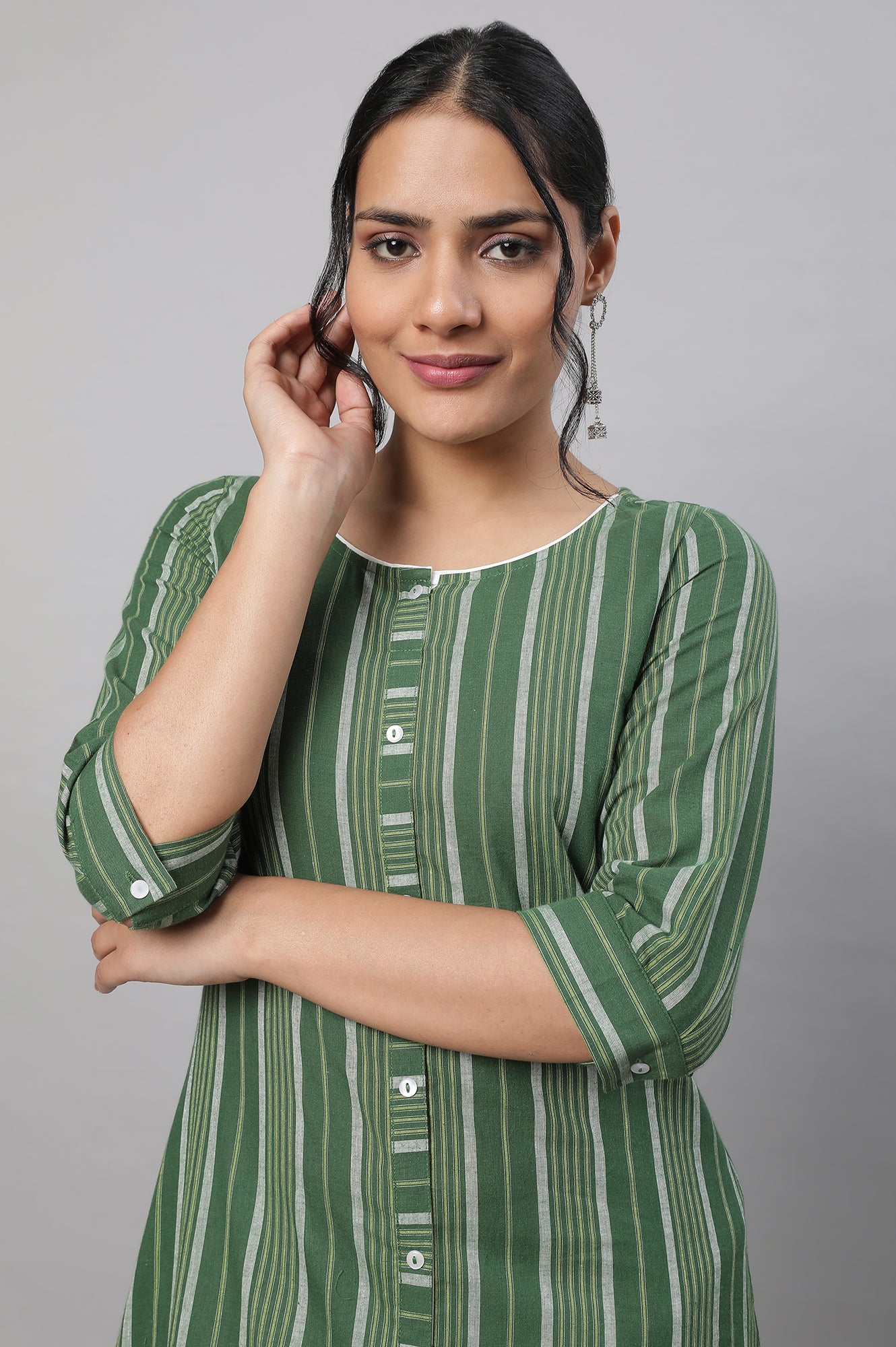 Green Stripe Print Cotton kurta &amp; Trousers Set