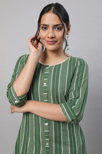 Green Stripe Print Cotton kurta & Trousers Set