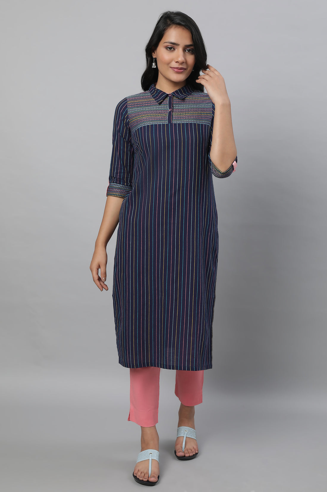 Navy Blue Printed kurta &amp; Trousers Set