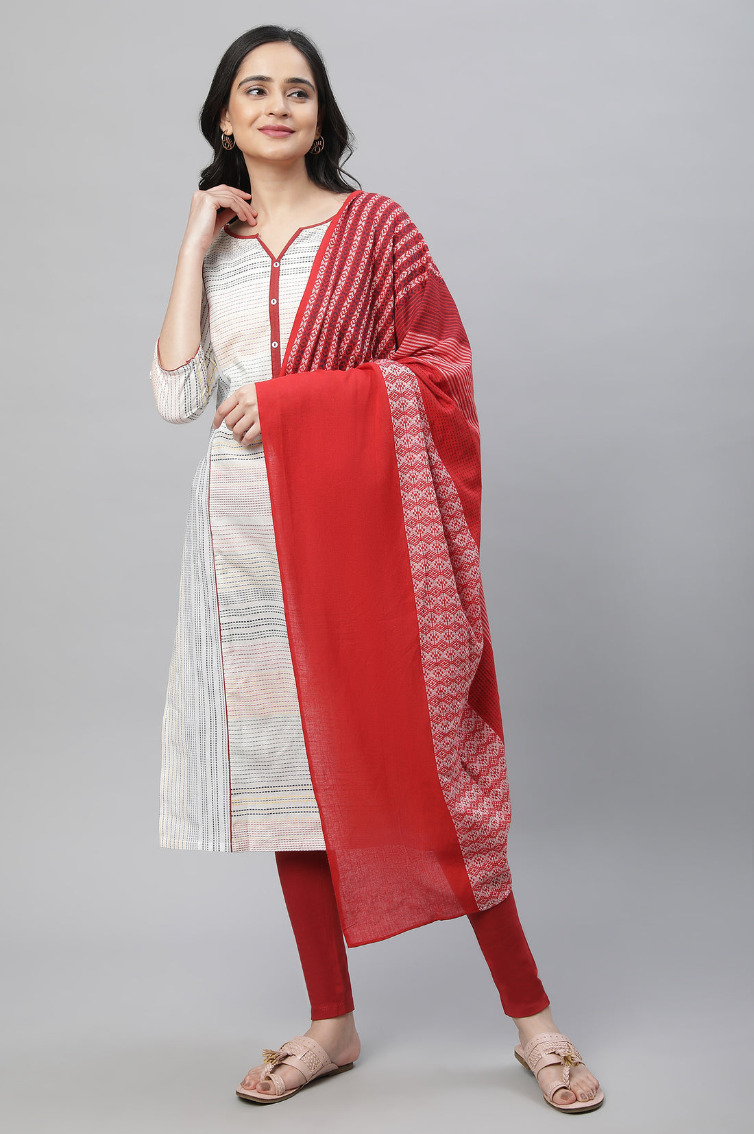 White Printed Kurta, Tights &amp; Dup