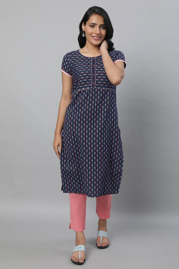 Navy Geometric Print kurta & Trousers Set