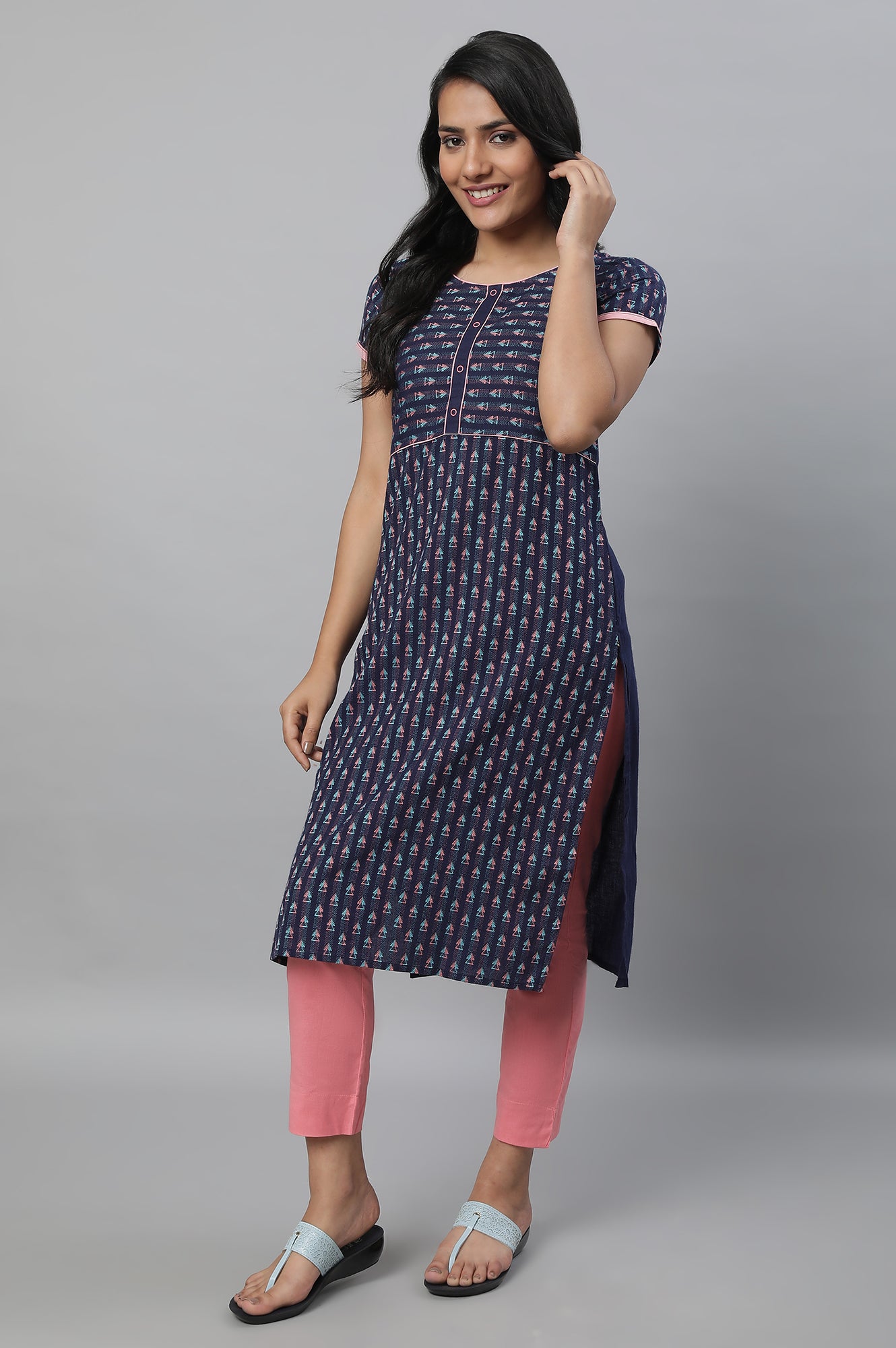 Navy Geometric Print kurta &amp; Trousers Set