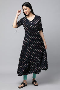Black Khadi Printed Liva Dress And Tights Set