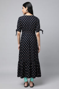 Black Khadi Printed Liva Dress And Tights Set