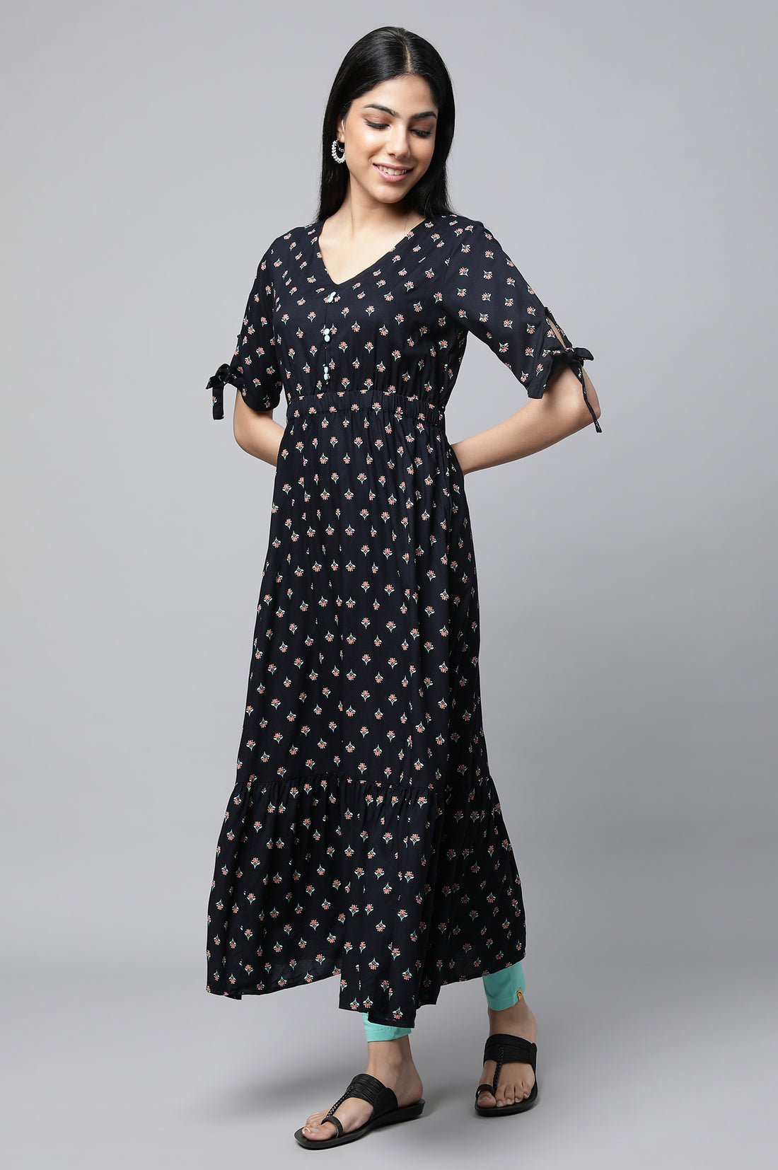 Black Khadi Printed Liva Dress And Tights Set