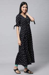 Black Khadi Printed Liva Dress And Tights Set