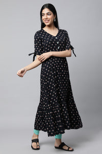 Black Khadi Printed Liva Dress And Tights Set
