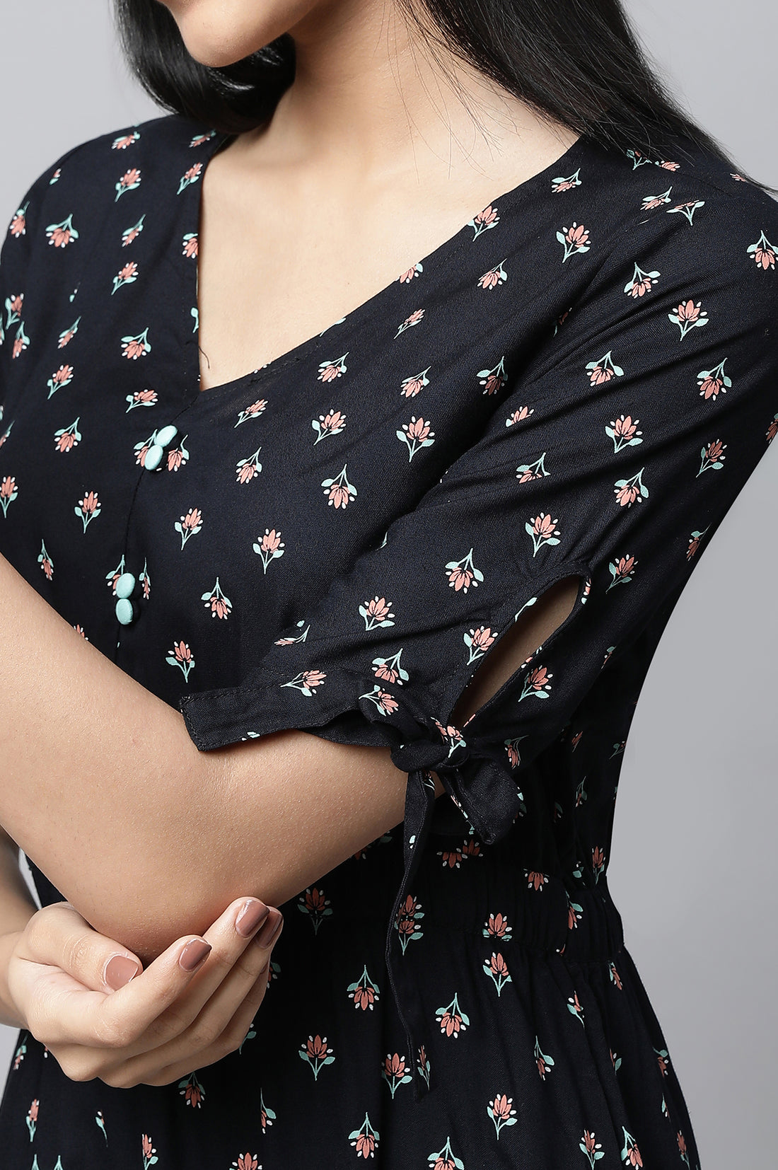 Black Khadi Printed Liva Dress And Tights Set