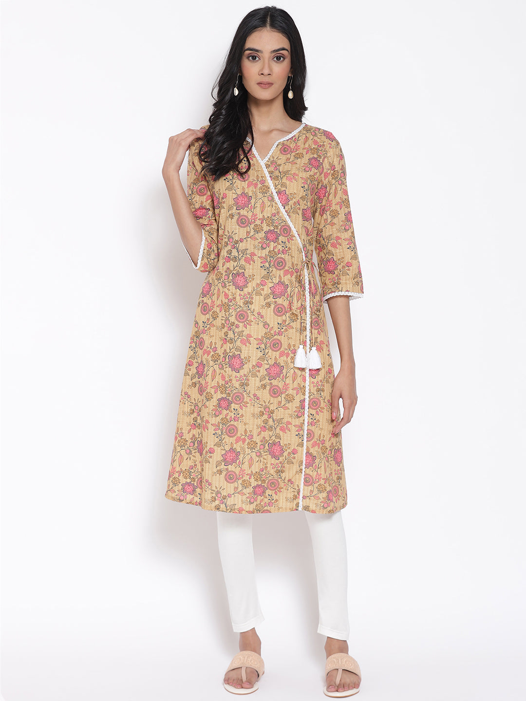 Brown Floral Printed kurta &amp; Tights Set