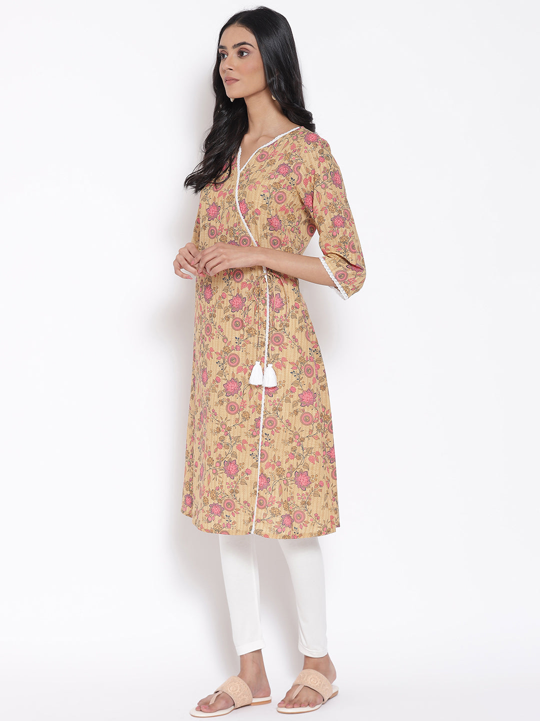 Brown Floral Printed kurta &amp; Tights Set