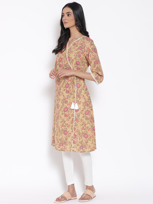 Brown Floral Printed kurta & Tights Set