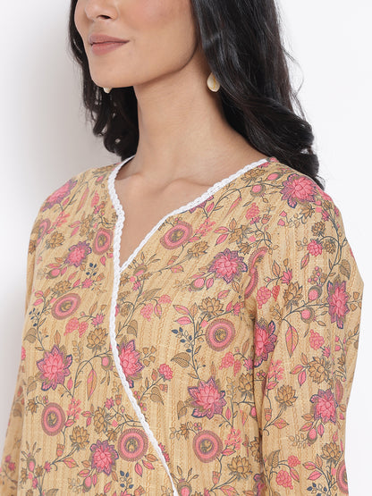 Brown Floral Printed kurta &amp; Tights Set