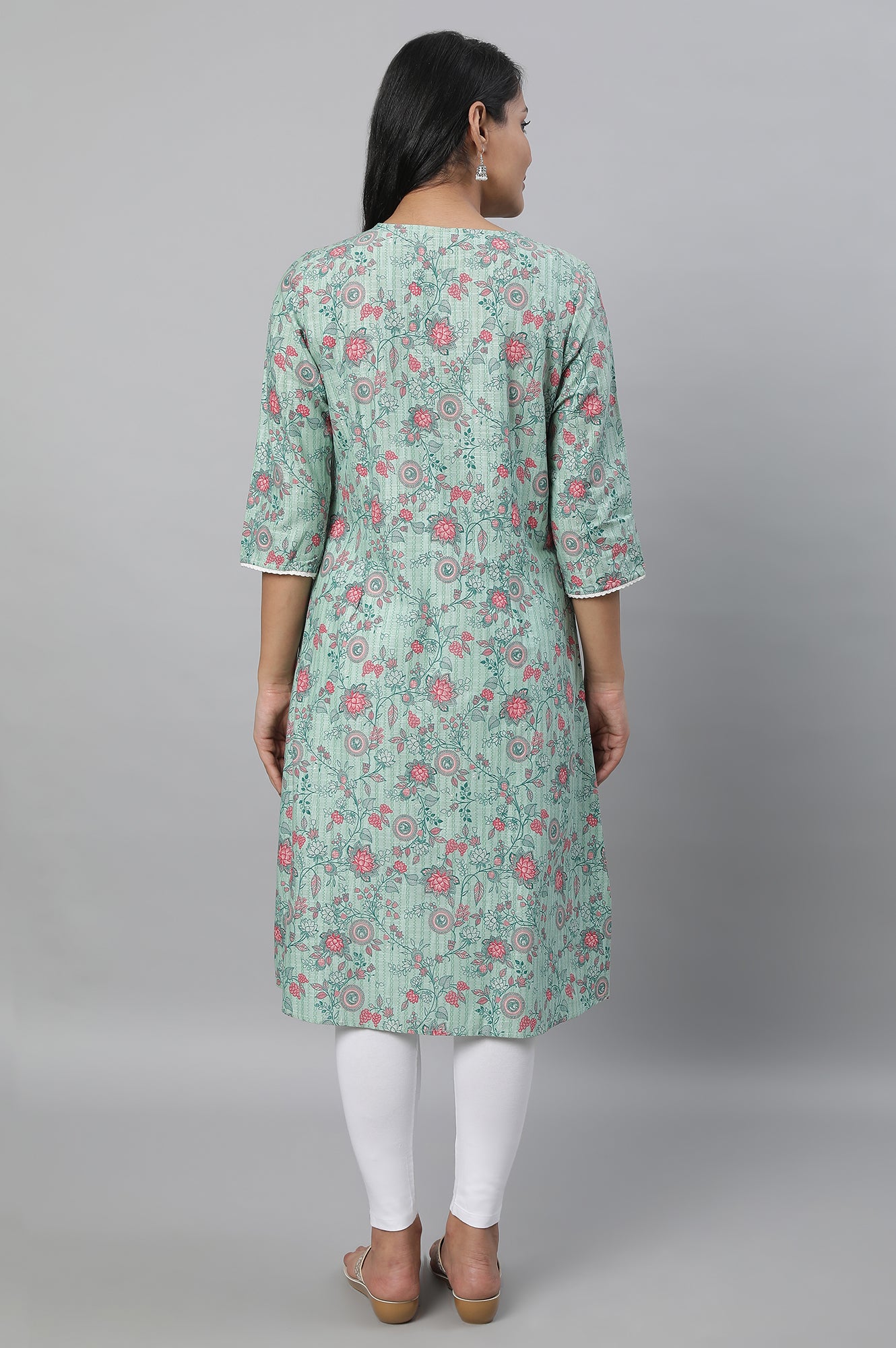 Green Floral Printed kurta &amp; Tights Set