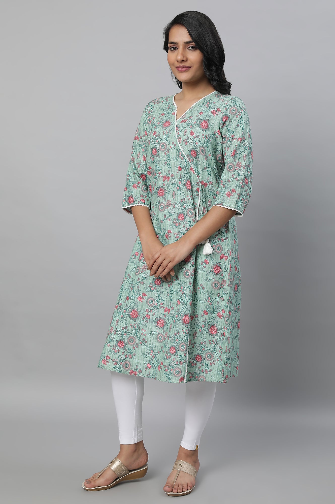 Green Floral Printed kurta &amp; Tights Set