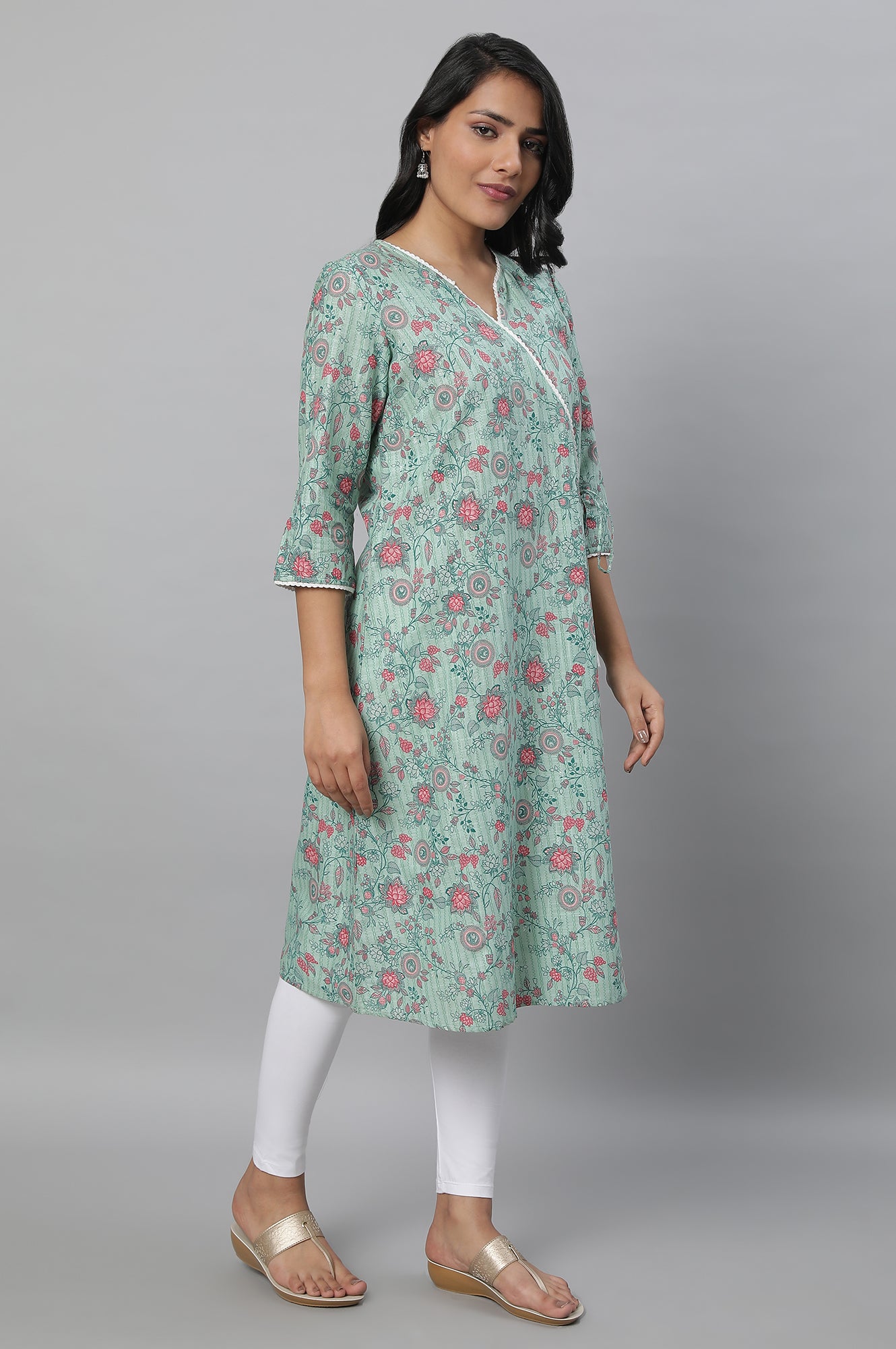 Green Floral Printed kurta &amp; Tights Set