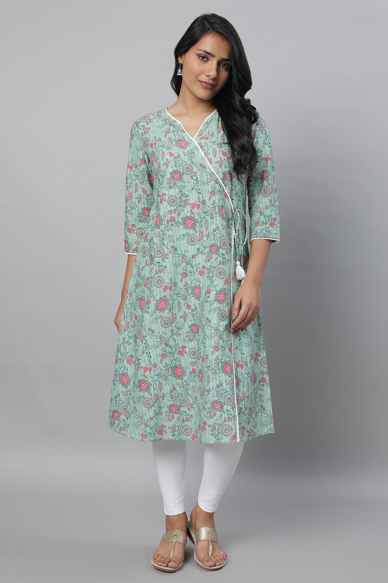 Green Floral Printed kurta &amp; Tights Set