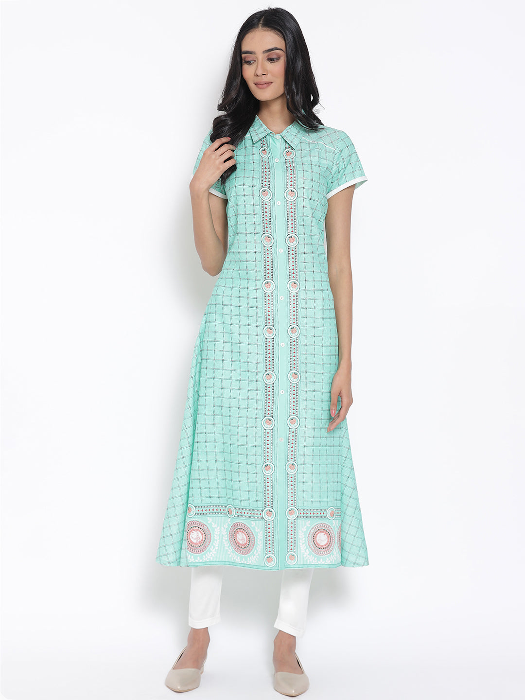 Green Printed Shirt Collar kurta & Tights - XS
