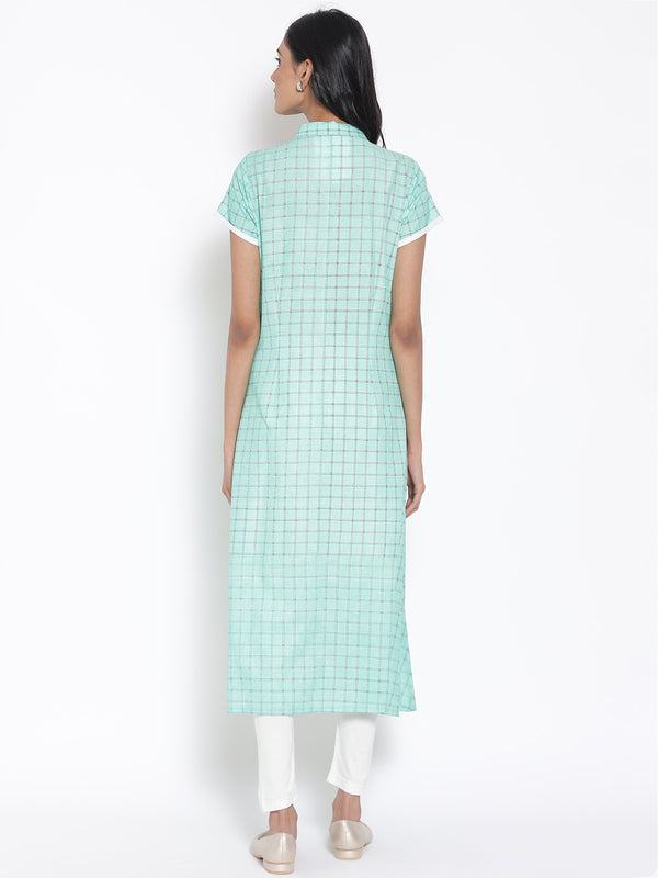 Green Printed Shirt Collar kurta & Tights