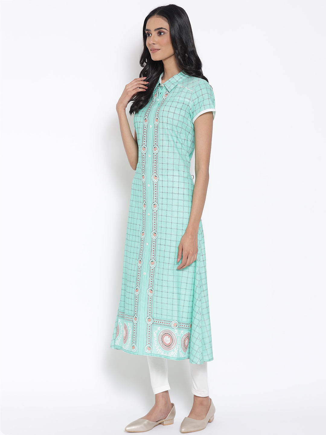 Green Printed Shirt Collar kurta &amp; Tights