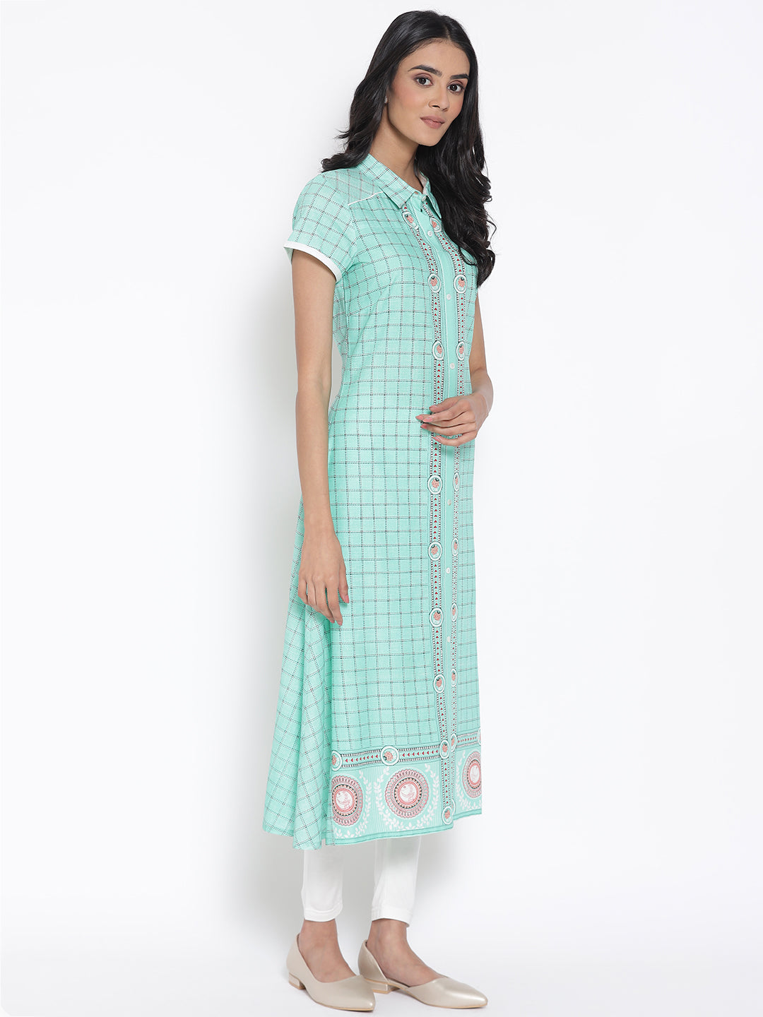 Green Printed Shirt Collar kurta &amp; Tights