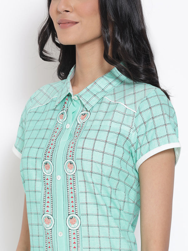 Green Printed Shirt Collar kurta & Tights