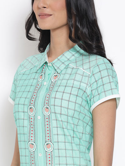 Green Printed Shirt Collar kurta & Tights