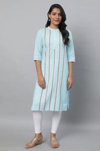 Blue Cotton Printed kurta &amp; Tights Set