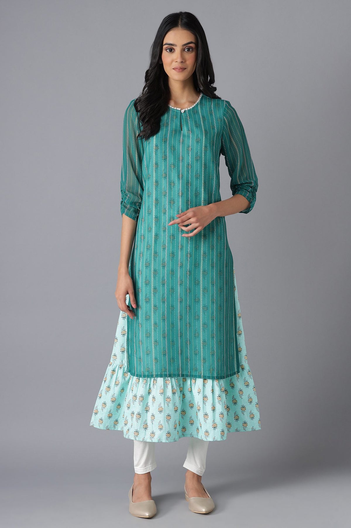 Green Printed Dress & Tights Set - XS