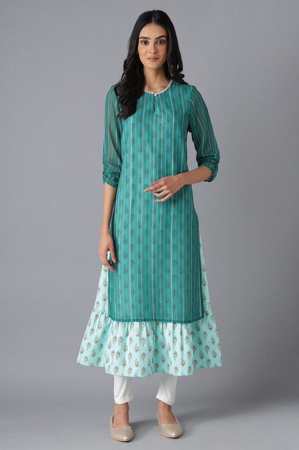 Green Printed Dress & Tights Set