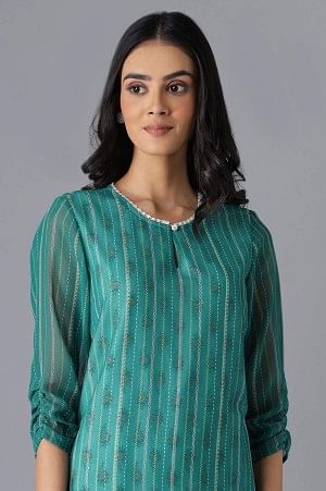 Green Printed Dress &amp; Tights Set