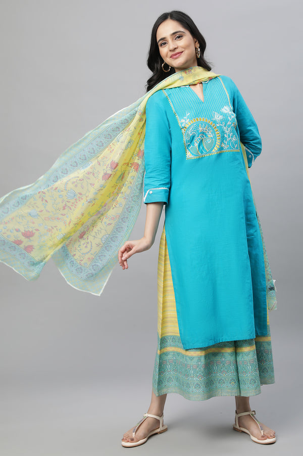 Blue Printed Kurta & Culottes Set
