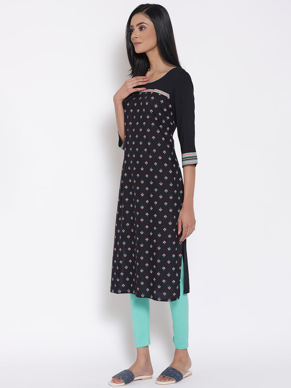 Black Printed LIVA kurta & Tights