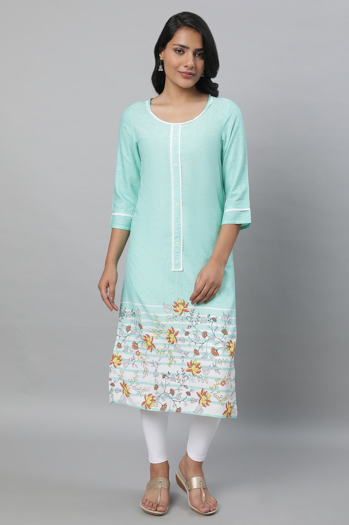Lichen Green Printed kurta & Tights Set - S