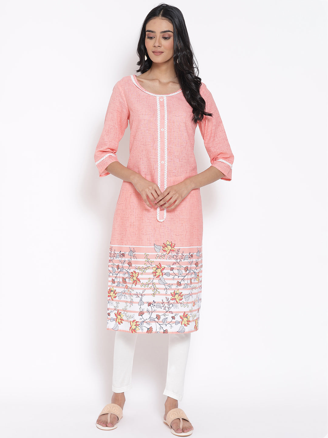 Peach Printed Round Neck kurta &amp; Tights Set