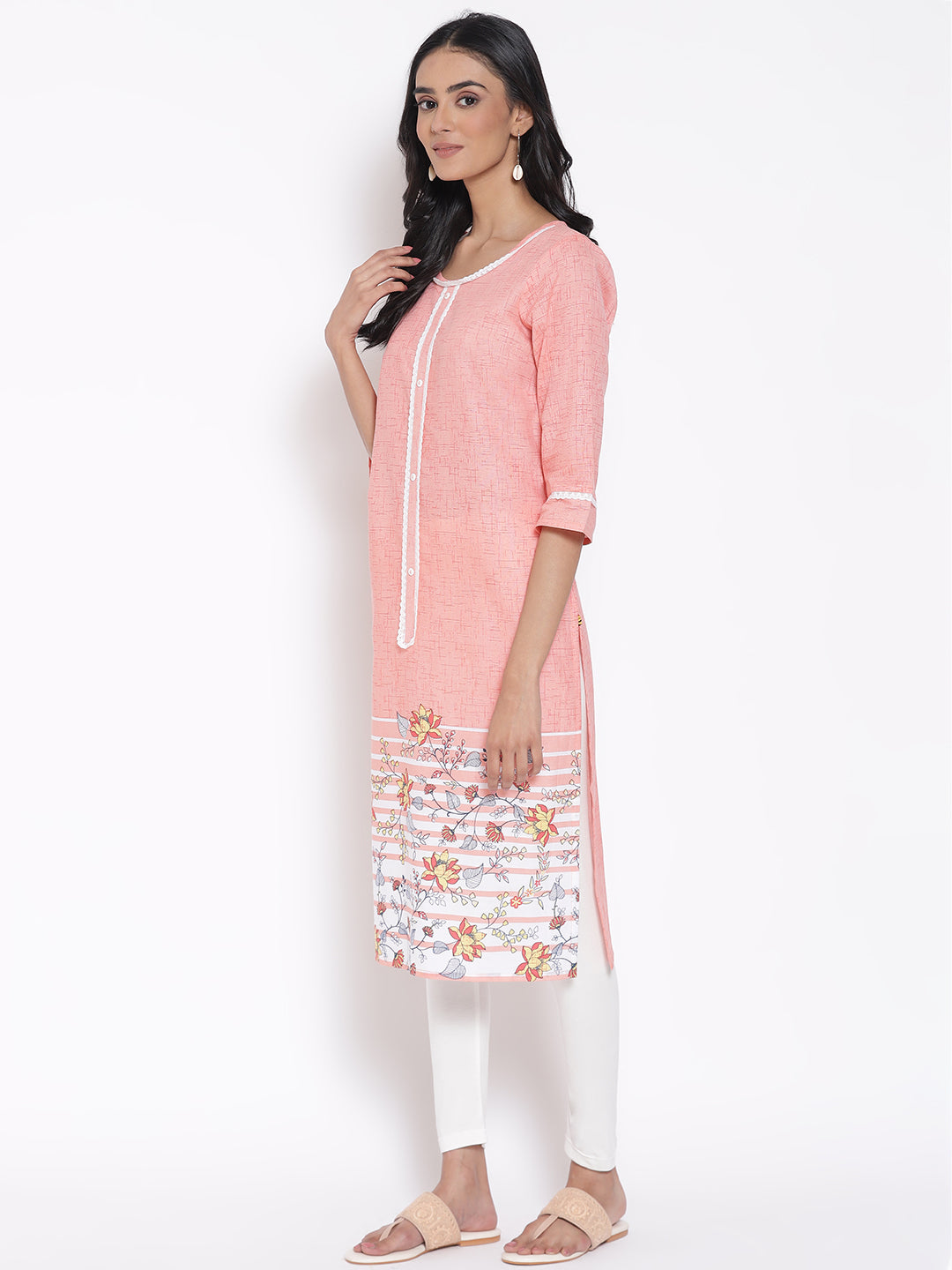 Peach Printed Round Neck kurta &amp; Tights Set