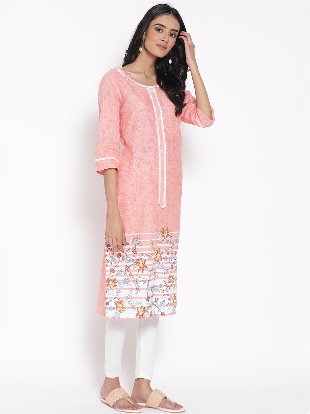 Peach Printed Round Neck kurta &amp; Tights Set